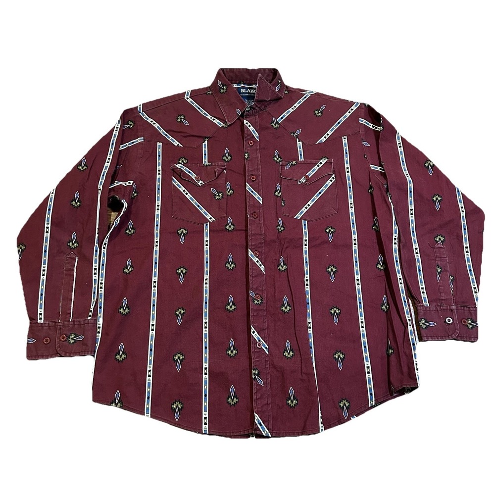 Vintage 90s Blair Aztec Western Button Up‎ Shirt Men's Size XL Red Striped